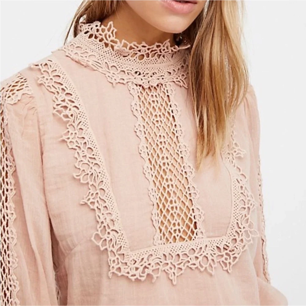 Free People One Blush Victoria Blouse Cut Lace Button Back Puff Sleeves Size S